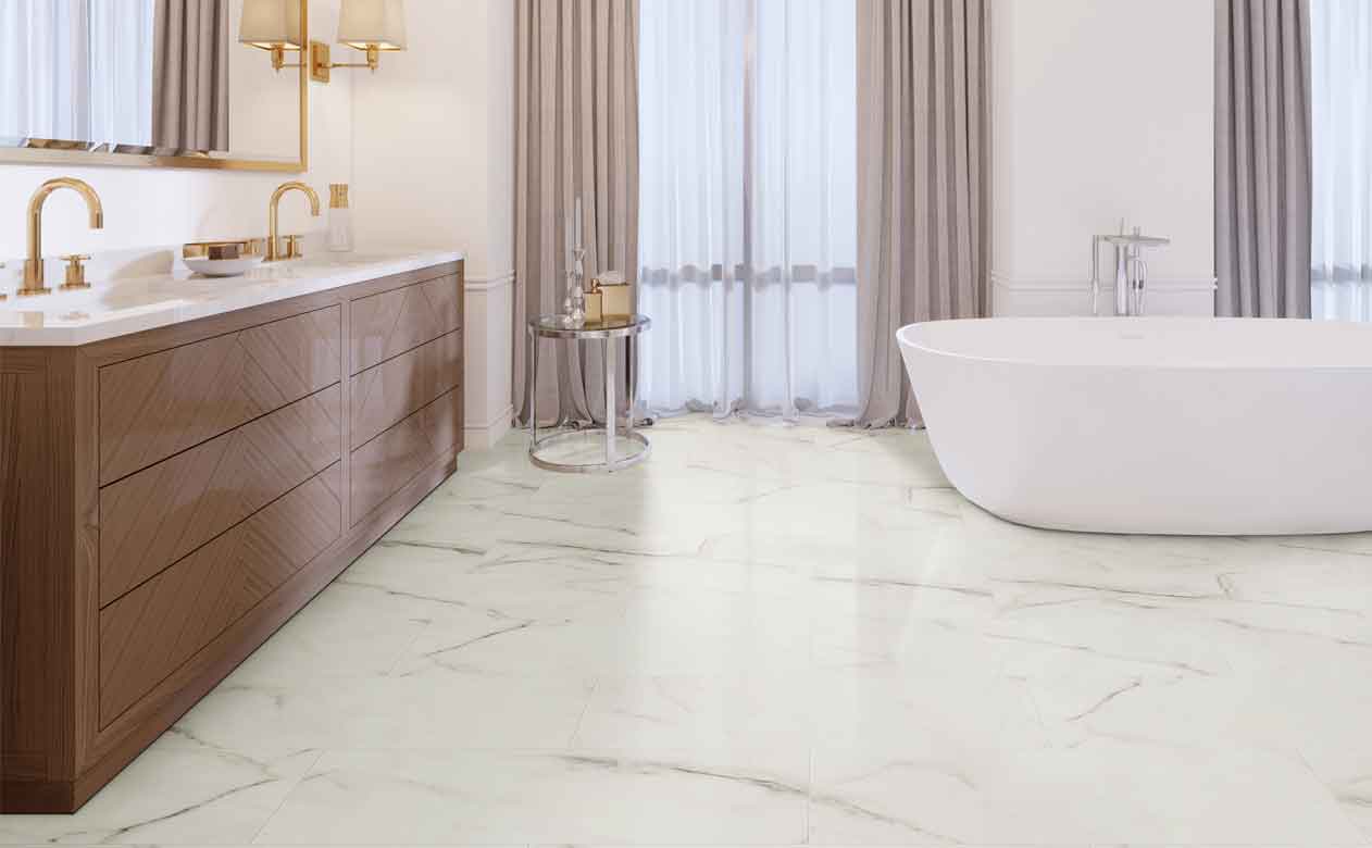 marble look vinyl in elegant bathroom with gold accents, wood vanity and deep soak tub